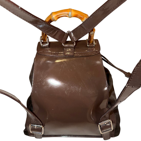 Vintage Gucci Brown Mini Backpack w/ Bamboo Handle Patent Leather + Nylon Auth main image 4